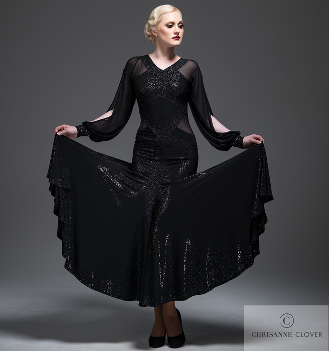 CHRISANNE: женская танцевальная одежда платье для стандарта  [SCARLETT] (black-silver) р.XS,S,M,L