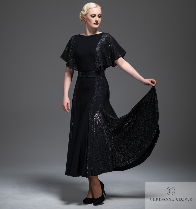CHRISANNE: женская танцевальная одежда платье для стандарта  [GLORIANA] (black-silver) р.XS,S,M,L